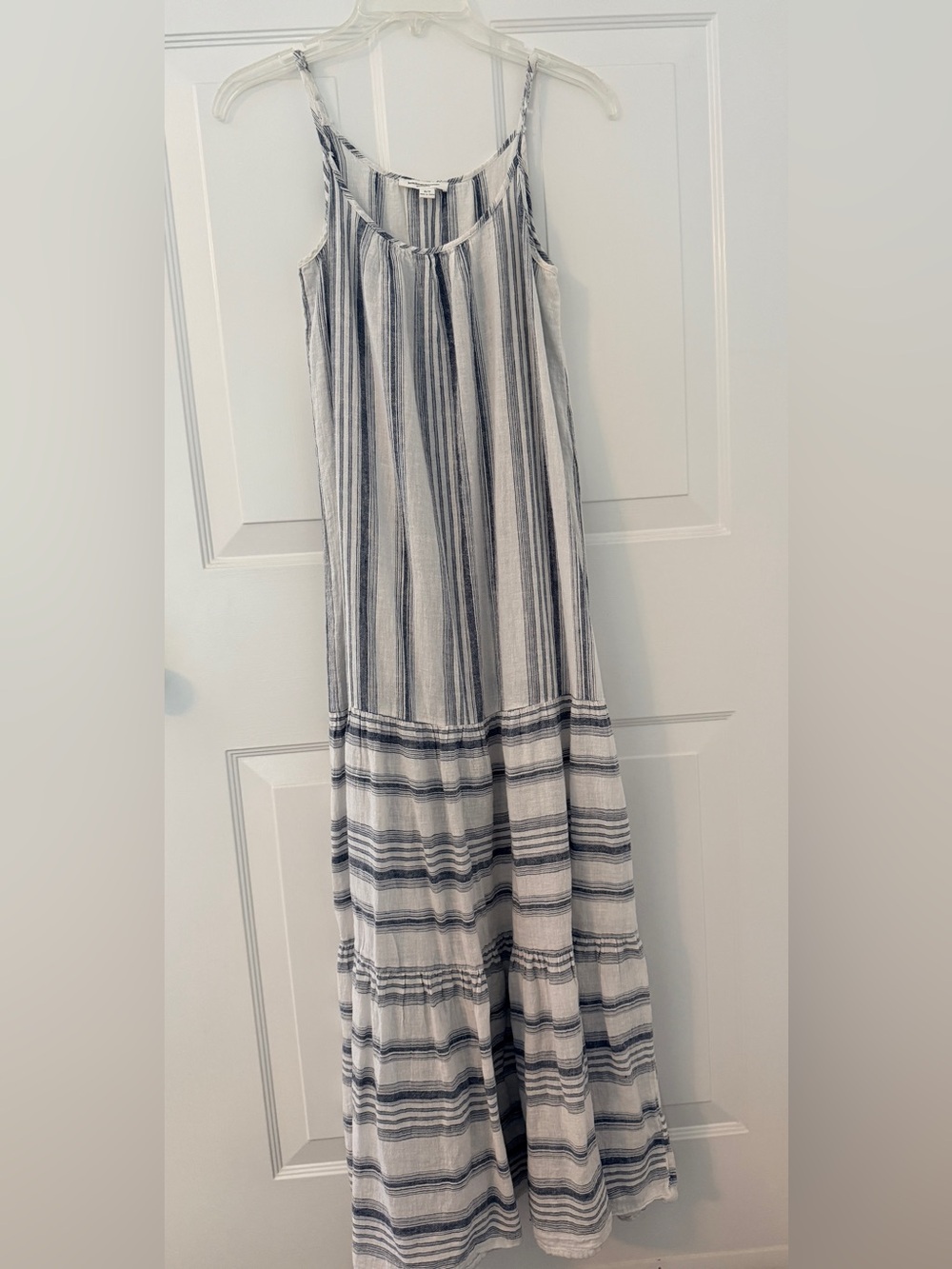 beachlunchlounge White and Navy Striped Tiered Maxi Skirt